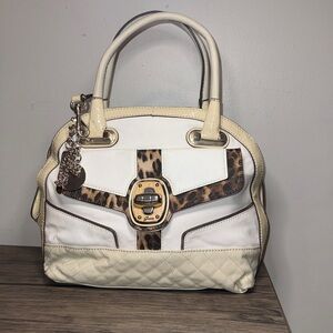 Guess Cream and Tan Satchel with Leopard Detail